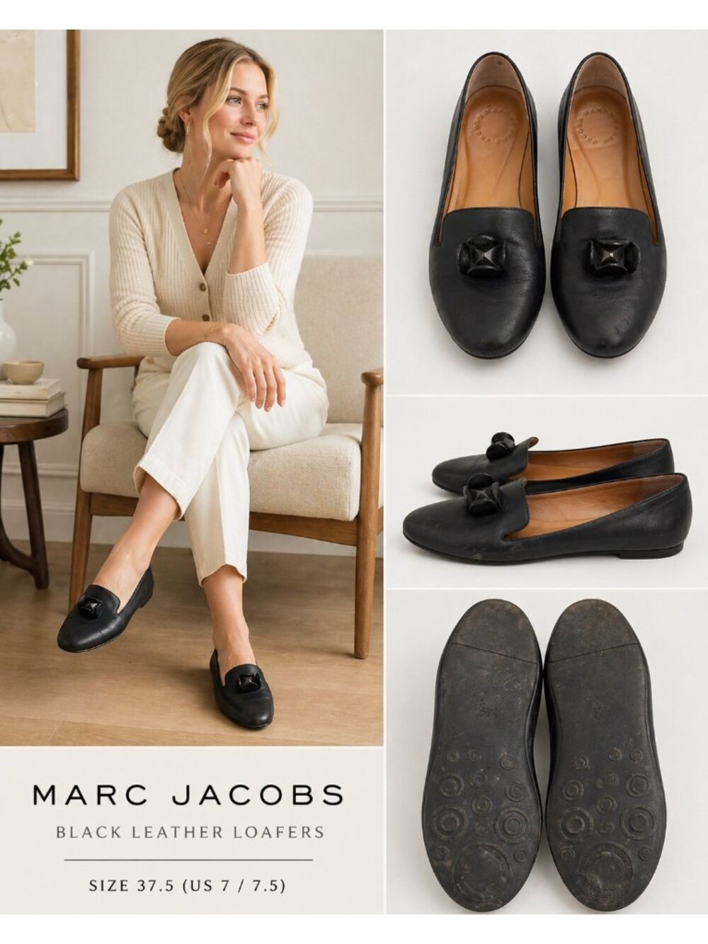 Marc Jacobs Black Leather Loafers Bow Detail Slip On Flats Size 37.5